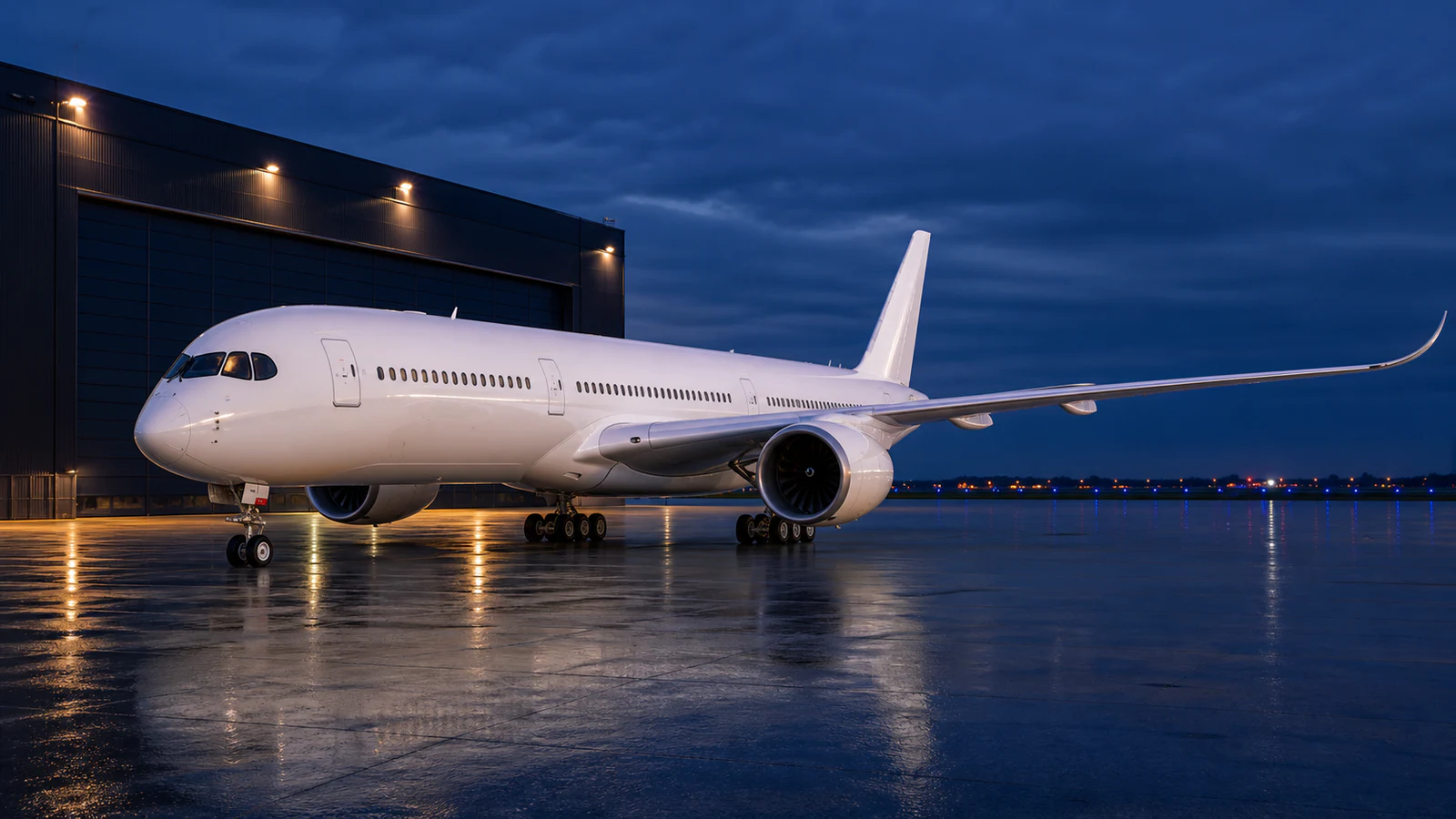 Representative wide-body airliner on an executive aviation ramp